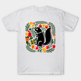 Folk Art Squirrel with Bright Flowers and Leaves T-Shirt